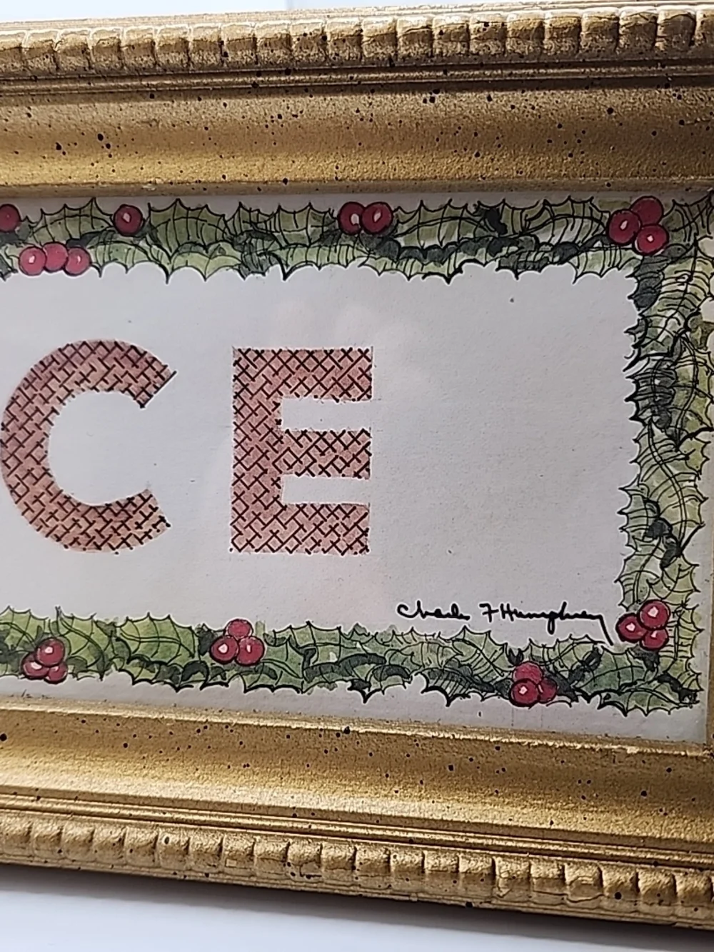 PEACE Holiday‎ Framed Sign - Gold Frame, Red & Green Accents